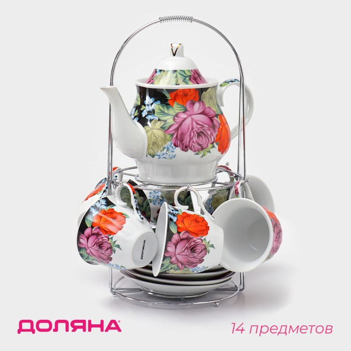 Сервиз чайный керамический на металлической подставке Доляна «Роспись», 13 предметов: 6 чашек 210 мл, 6 блюдец d=14 см, чайник 1 л Сервиз чайный керамический на металлической подставке Доляна «Роспись», 13 предметов: 6 чашек 210 мл, 6 блюдец d=14 см, чайник 1 л