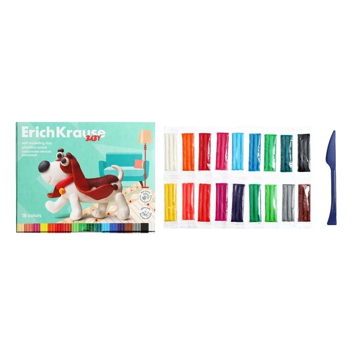 Пластилин мягкий (восковой) 18 цветов, 234 г, ErichKrause Baby на растительной основе с Алоэ Вера, со стеком, в коробке Пластилин мягкий (восковой) 18 цветов, 234 г, ErichKrause Baby на растительной основе с Алоэ Вера, со стеком, в коробке