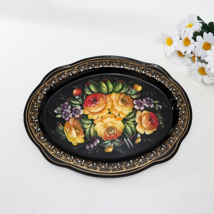 Поднос жостовский Поднос жостовский "Жёлтые розы", кружевной, автор Владыкина, 30х23 см, малый, овал