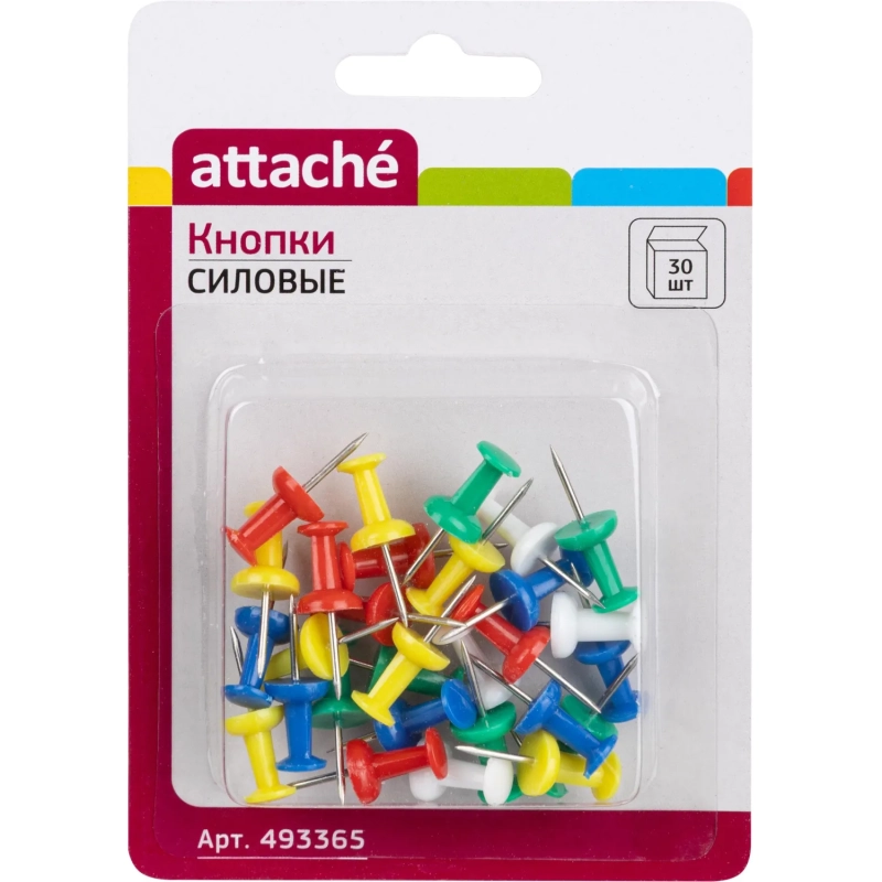 Кнопки силовые д/пробковых досок ATTACHE,пластик,ассорти,европодвес,30шт/уп