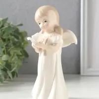 Сувенир керамика "Девочка-ангел с хвостиками в белом платье с розой в руках" 7х7х14,2 см