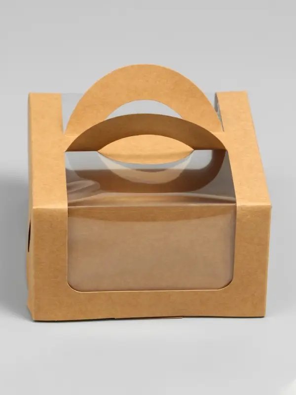 Коробка под бенто-торт с окном, крафт, 14&times;14&times;8 см