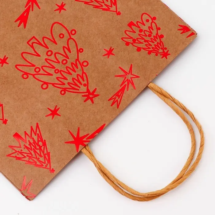 Пакет крафт с тиснением, круглая ручка, Пакет крафт с тиснением, круглая ручка, "Ёлочки" 21 х 27 х 11 см, 120 г