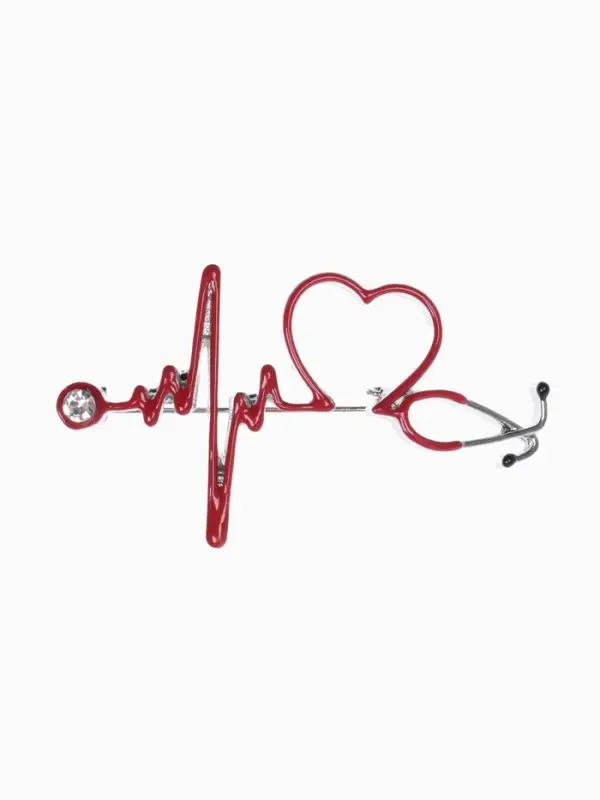 Брошь &laquo;Стетоскоп кардиограмма&raquo;, красная в серебре