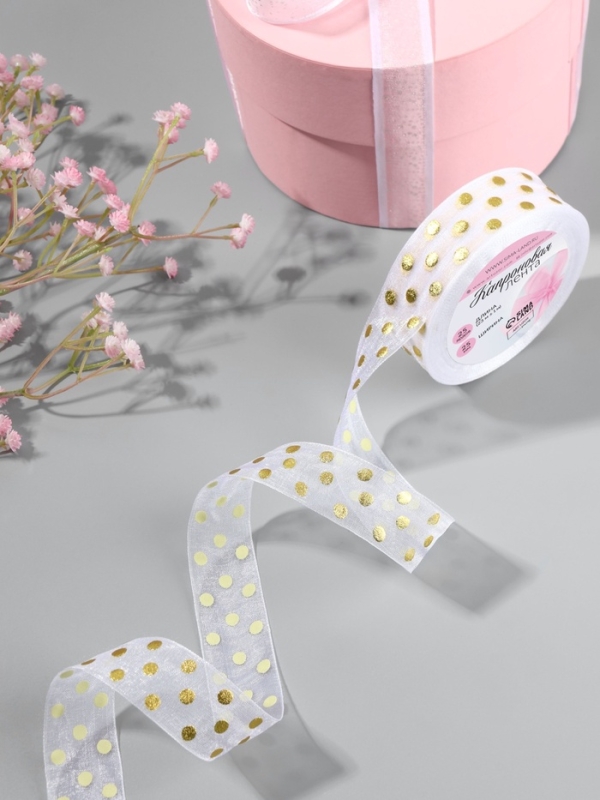 Лента капроновая с тиснением «Горох», 25 мм, 22 ± 1 м, цвет белый/золотой