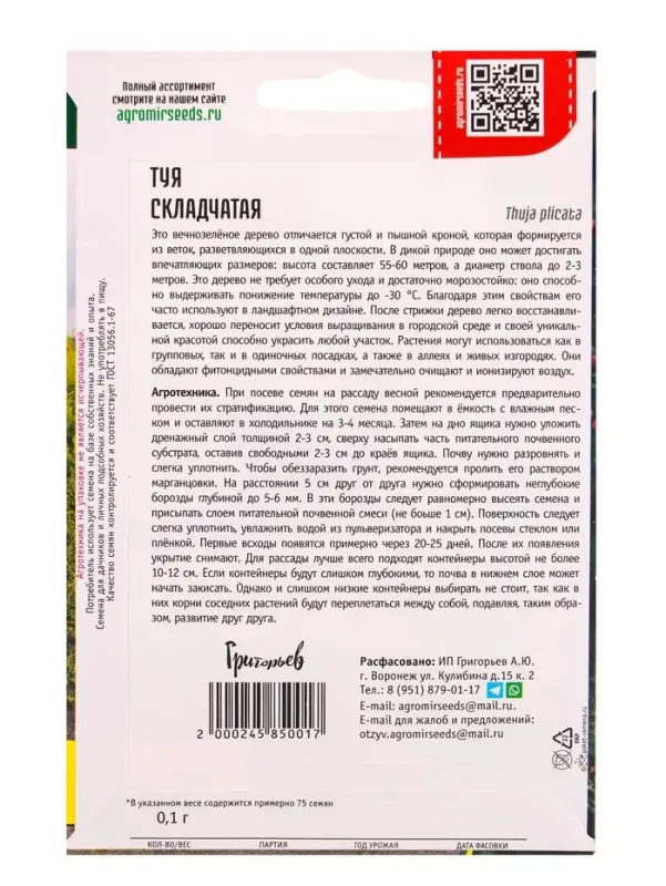 Семена Туя &laquo;Складчатая&raquo;, 0.1 г, &laquo;Григорьев&raquo;