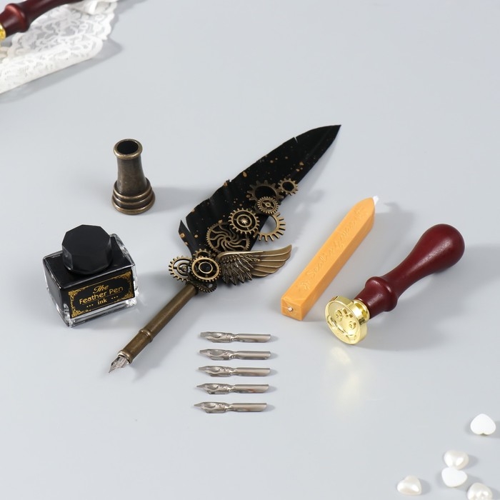 Набор ручка перьевая со сменными перьями+подставка+чернила+сургуч+печать 26х12х4 см Набор ручка перьевая со сменными перьями+подставка+чернила+сургуч+печать 26х12х4 см