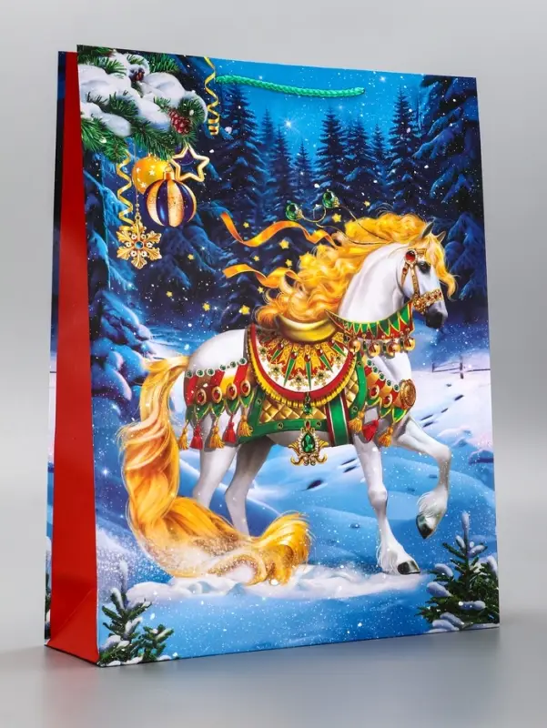 Пакет подарочный новогодний ламинированный, «Конь» , 33×10×42.5 см