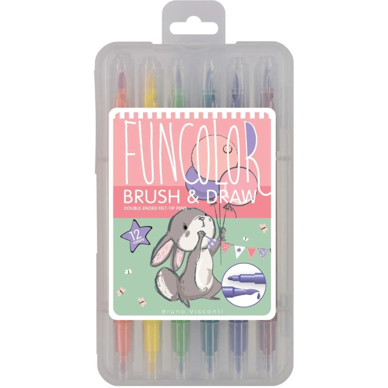 Фломастеры КИСТОЧКИ ДВУСТОРОННИЕ FUNCOLOR 12цв,в пластиковом пенале 32-0047