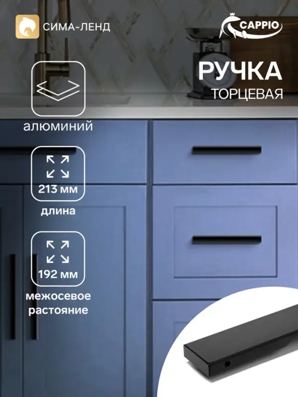 Ручка профильная мебельная торцевая CAPPIO RP101BL, м/о 192 мм, чёрная