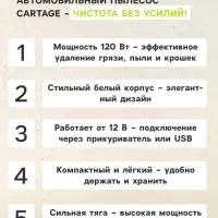 Пылесос автомобильный CARTAGE, 5 насадок, 120 Вт, 12 В, белый