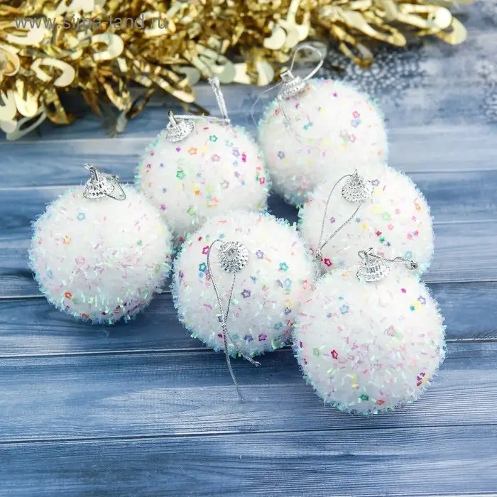 Ёлочные игрушки «Пушистый блеск», шары новогодние, d=6 см, 6 шт., белый Ёлочные игрушки «Пушистый блеск», шары новогодние, d=6 см, 6 шт., белый