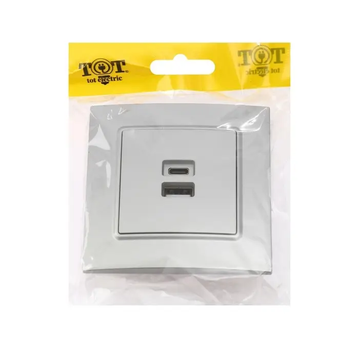 Розетка TOT Elegant, 5 В, 2.1 A, разъёмы USB-A + USB-C, скрытая, серебристая