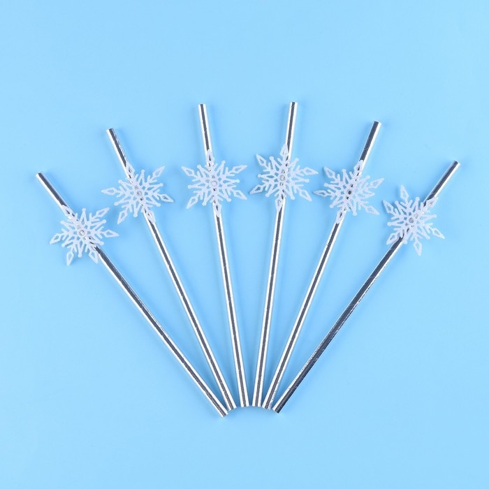 Новый год! Трубочки для коктейля «Снежинки», уголки, в наборе 6 штук, серебро Новый год! Трубочки для коктейля «Снежинки», уголки, в наборе 6 штук, серебро