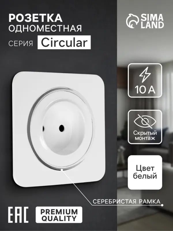 Розетка одноместная, серия Circular, 10 А, скрытый монтаж, без заземления, серебристая рамка, белая