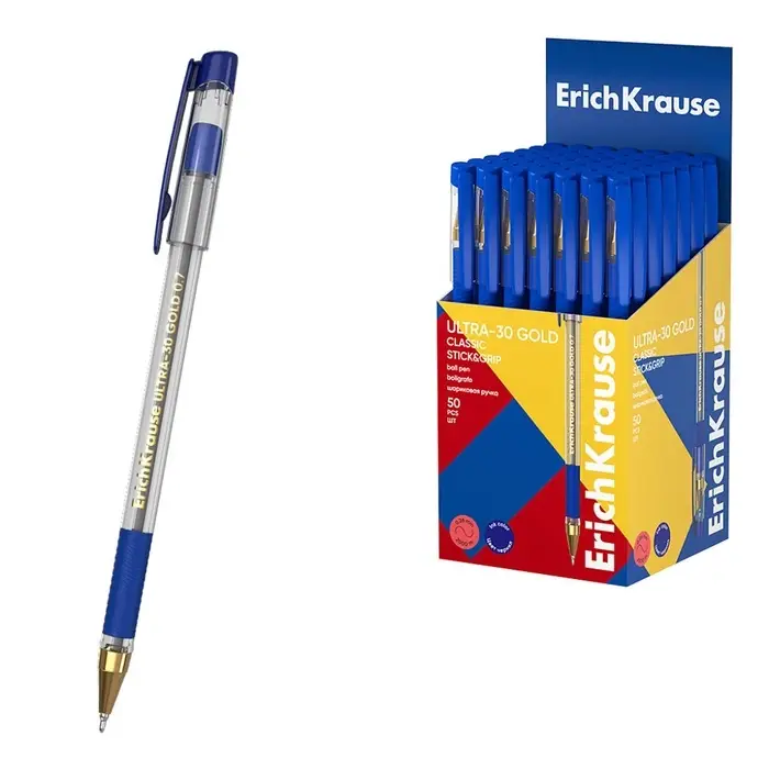 Ручка шариковая ErichKrause ULTRA-30 Gold Stick Grip, Super Glide, уз 0,7мм, синяя