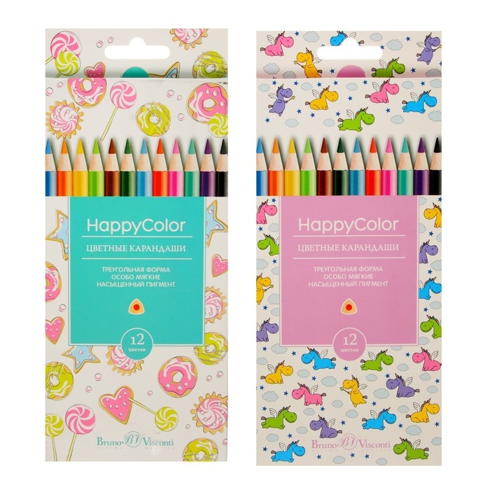 Карандаши 12 цветов BrunoVisconti Happycolor, трёхгранные, МИКС Карандаши 12 цветов BrunoVisconti Happycolor, трёхгранные, МИКС