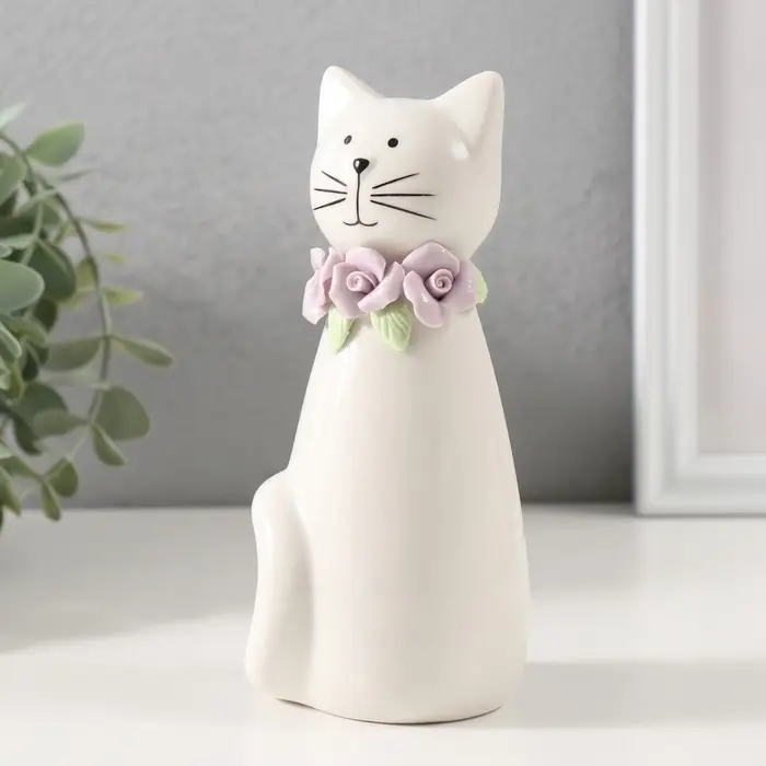 Фигурка керамика &laquo;Котик белый сидящий с цветочным ошейником&raquo;, 6.5&times;6.2&times;14.3 см