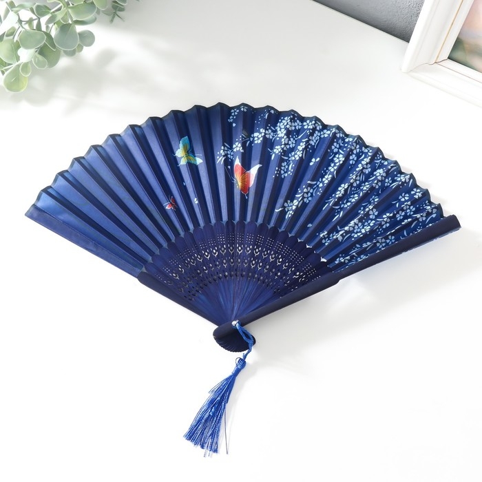 Веер дерево, текстиль h=21 см  Веер дерево, текстиль h=21 см "Танец бабочек" синий, с кисточкой