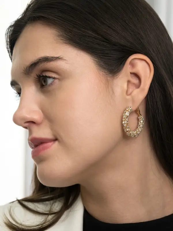 Серьги-кольца со стразами &laquo;Россыпь&raquo;, d=3.5 см, белые в золоте