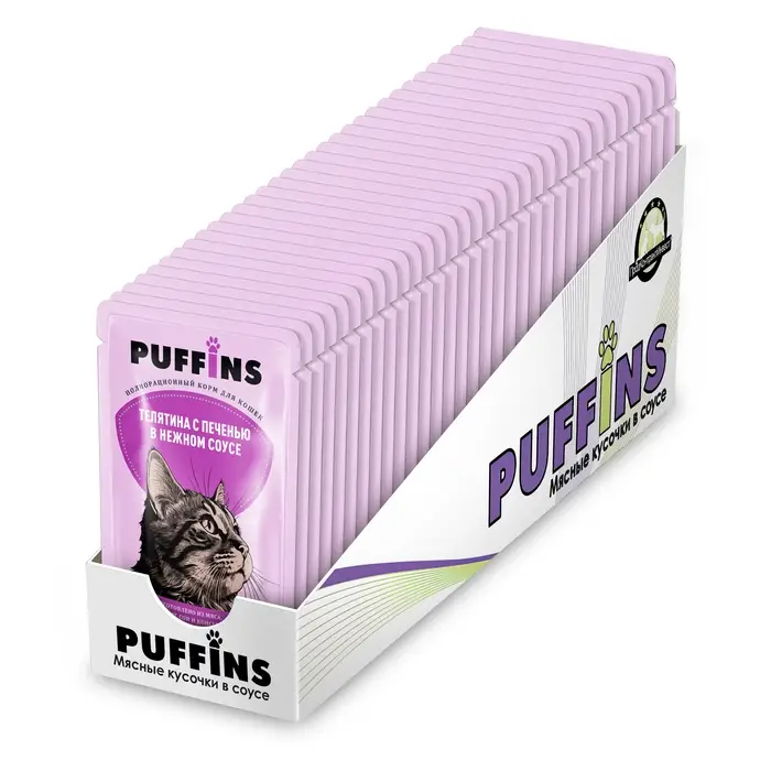 Влажный корм Влажный корм "Puffins" для кошек, телятина с печенью в соусе, 75 г