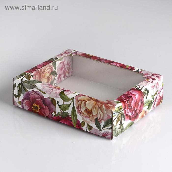 Коробка сборная крышка-дно с окном, Коробка сборная крышка-дно с окном, "Акварельные цветы", 18 х 15 х 5 см