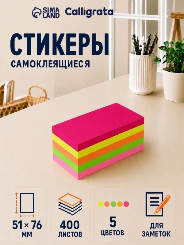 Блок с липким краем 51 мм &times; 76 мм, 400 листов, флуоресцентные, 5 цветов