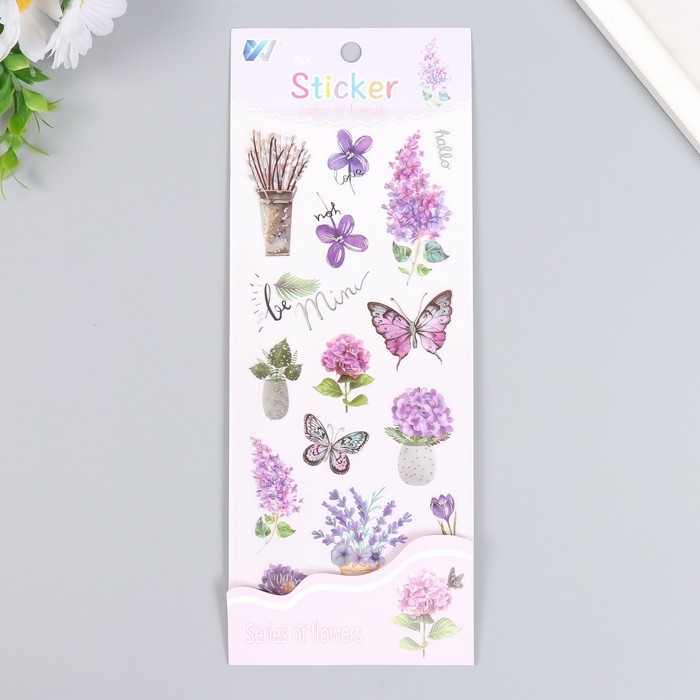 Наклейка пластик Наклейка пластик "Лаванда, сирень и фиалки" с серебристой обводкой 10х27 см