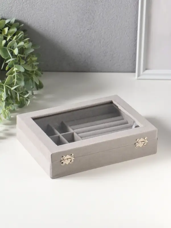 Шкатулка для украшений, 7 полос, 9 ячеек, 20&times;15&times;4.5, серая