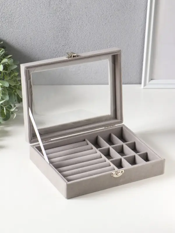 Шкатулка для украшений, 7 полос, 9 ячеек, 20&times;15&times;4.5, серая