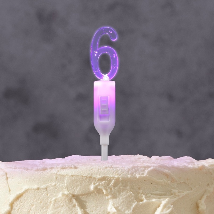 Светодиодная свеча  Светодиодная свеча "Цифра 6", 14.5 см, от батареек LR1130х3 (в комплекте), свечение мульти (RGB)