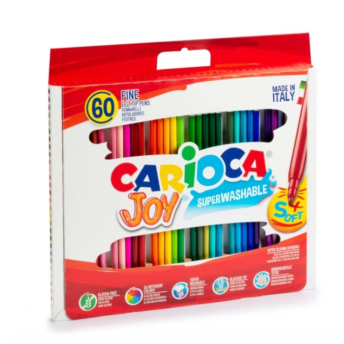 Фломастеры 36 цветов 60 штук, Carioca  Фломастеры 36 цветов 60 штук, Carioca "Joy", тонкий наконечник, стойкие, легко смываемые и нетоксичные чернила, макси упаковка, картонный пенал