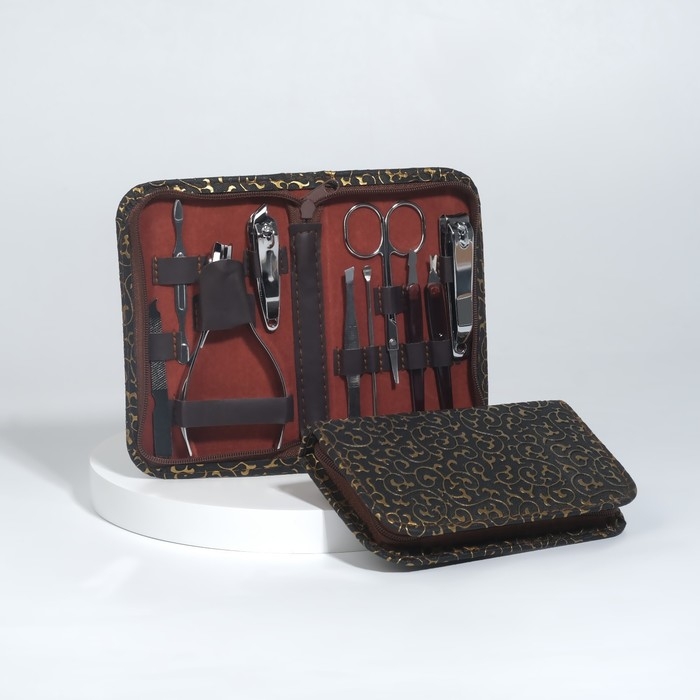 Набор маникюрный, 10 предметов, в футляре, цвет коричневый Набор маникюрный, 10 предметов, в футляре, цвет коричневый