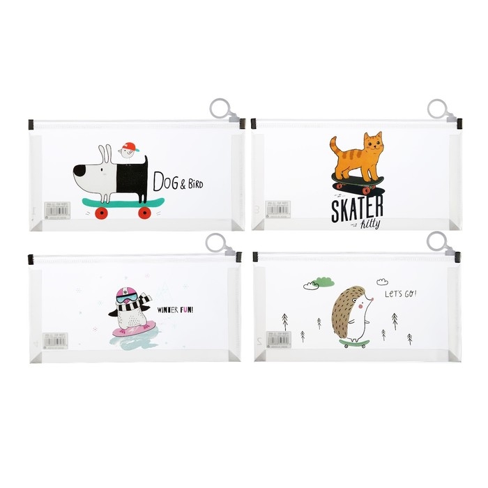 Папка-конверт на молнии формат А6, 180мкр, с рисунком Папка-конверт на молнии формат А6, 180мкр, с рисунком"Звери на скейтборде и сноуборде", МИКС