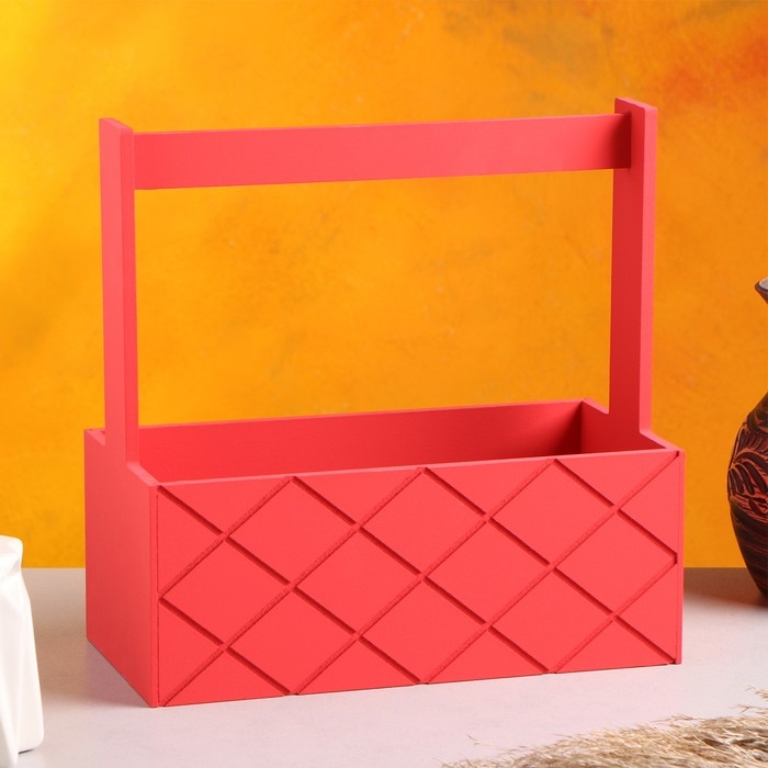 Кашпо деревянное "Эллада большая, сетка", с ручкой, красный, 25×12,5×10(25) см