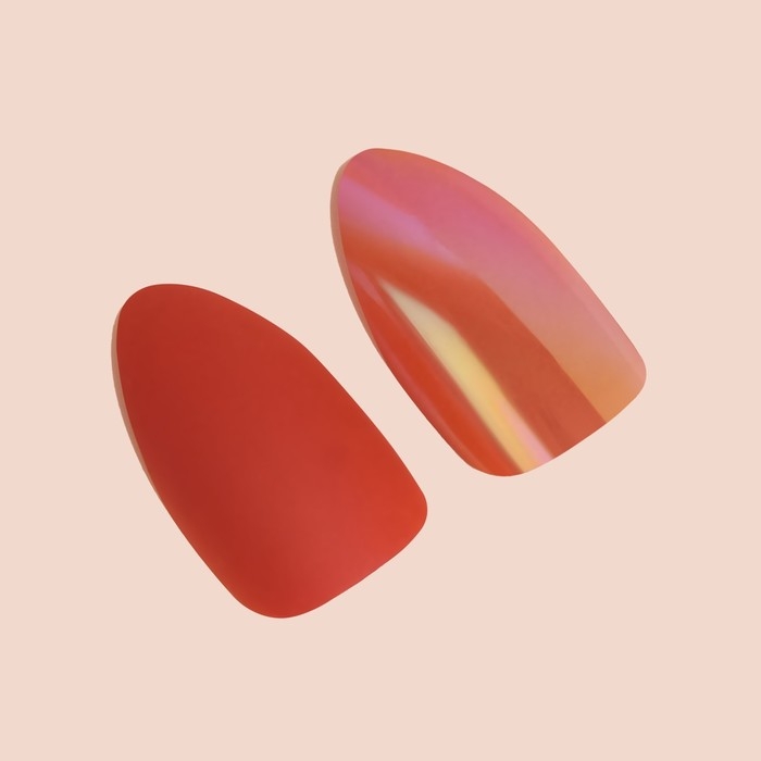 Накладные ногти, 24 шт, с клеевыми пластинами, форма миндаль, матовый/голография, цвет коралловый Накладные ногти, 24 шт, с клеевыми пластинами, форма миндаль, матовый/голография, цвет коралловый