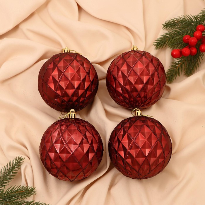 Набор шаров пластик d-10 см, 4 шт Набор шаров пластик d-10 см, 4 шт "Грейна" красный