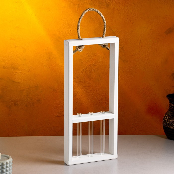 Кашпо деревянное 18×5×40 см с 3 колбами 15 см "Рамка Экстра", ручка, белый Дарим Красиво