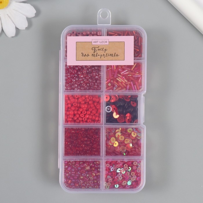 Бисер стекло 6/0, 12/0 в шкатулке  Бисер стекло 6/0, 12/0 в шкатулке "Алый" стеклярус и пайетки 12,5х6,5х2 см
