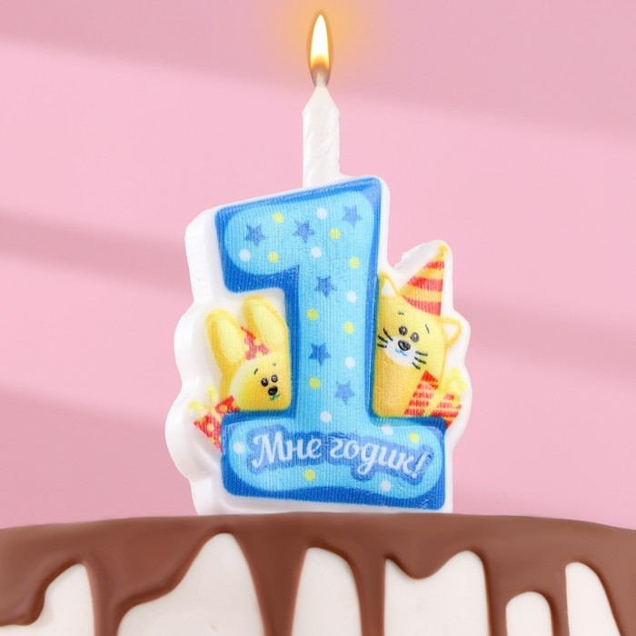 Свеча в торт  Свеча в торт "Мне годик!" с котом и кроликом, 9,7 см, 12 мин, 40 г