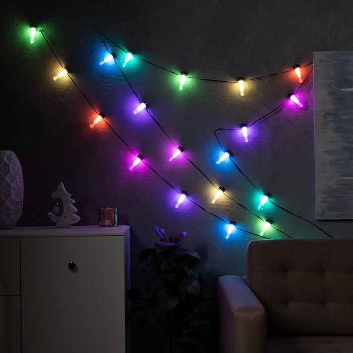 Умная гирлянда «Нить» 6 м с насадками «Лампочки», IP20, тёмная нить, 20 LED, свечение RGB, USB Умная гирлянда «Нить» 6 м с насадками «Лампочки», IP20, тёмная нить, 20 LED, свечение RGB, USB