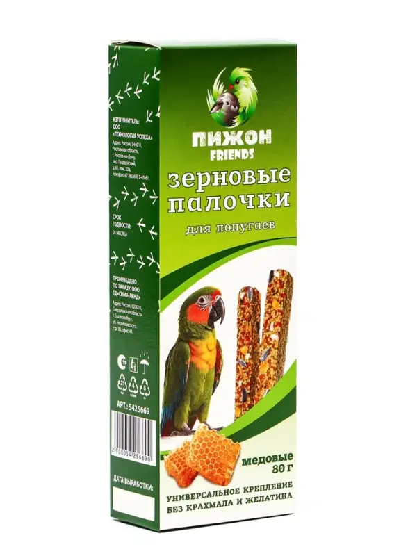 Зерновые палочки &laquo;Пижон&raquo; для птиц, медовые, 2 шт., 90 г