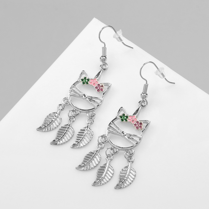 Серьги эмаль «Кошка» с листьями, цветные в серебре Серьги эмаль «Кошка» с листьями, цветные в серебре