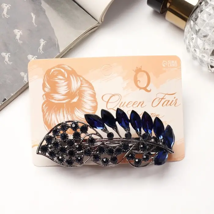 Заколка - автомат для волос QF &laquo;Синий туман&raquo;, драгоценный листок, 9 см