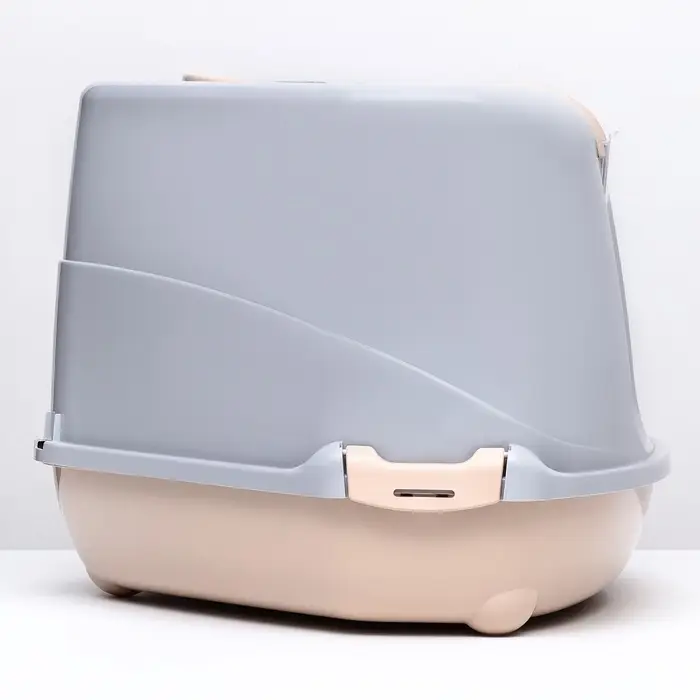 Туалет-домик угловой для кошек, 57&times;46&times;37 см, закрытый, с дверцей, бежевый, серый