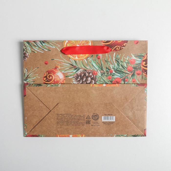 Пакет подарочный новогодний крафтовый горизонтальный «Новогодние шарики», MS 23 х 18 х 10 см, Новый год Пакет подарочный новогодний крафтовый горизонтальный «Новогодние шарики», MS 23 х 18 х 10 см, Новый год