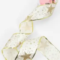 Лента атласная с металлической нитью &laquo;Узоры со звездой&raquo;, 60 мм, 9&plusmn;0.5 м, цвет белый, золотой