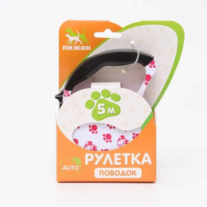 Рулетка с поводком-лентой, 5 м, до 15 кг, резиновая ручка, белая, розовая