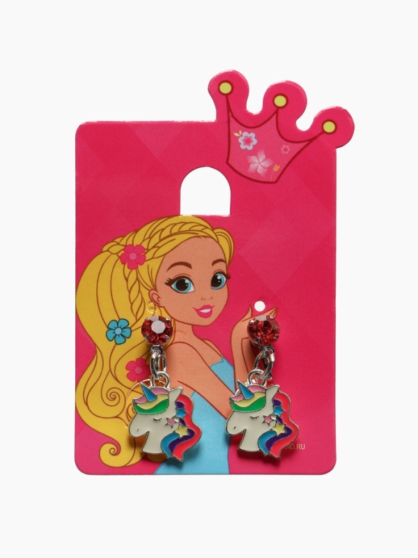 Серьги-клипсы детские  Серьги-клипсы детские "Выбражулька" единорог с кругом кристалл, цветные