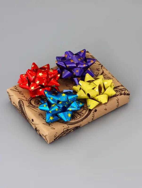 Подарочный Бант - звезда №7.5, металлик с рисунком, для упаковки подарков, набор 8 шт., МИКС